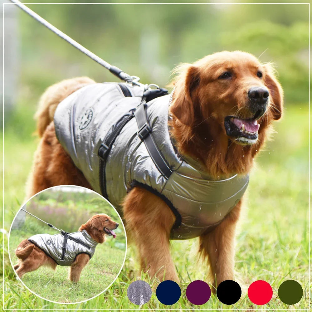 Large Pet Dog Jacket With Harness Winter Warm Dog Clothes For Labrador Waterproof