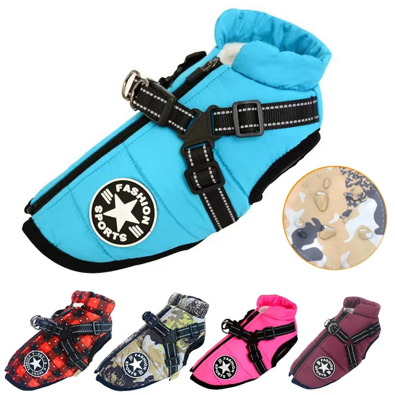 Large Pet Dog Jacket With Harness Winter Warm Dog Clothes For Labrador Waterproof